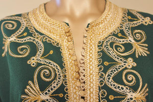 Moroccan Green Embroidered Caftan Maxi Dress Kaftan Size M