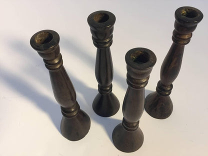 Set of Four Hand-Carved Ebonized Wood Candlesticks, Anglo-Indian, 1950