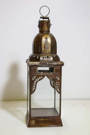 Moroccan Metal Candle Lantern in Moorish Square Metal and Clear Glass