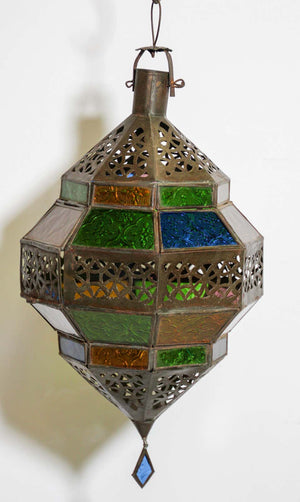 Handcrafted Moroccan Metal and Multi-Color Glass Lantern Octagonal Diamond Shape