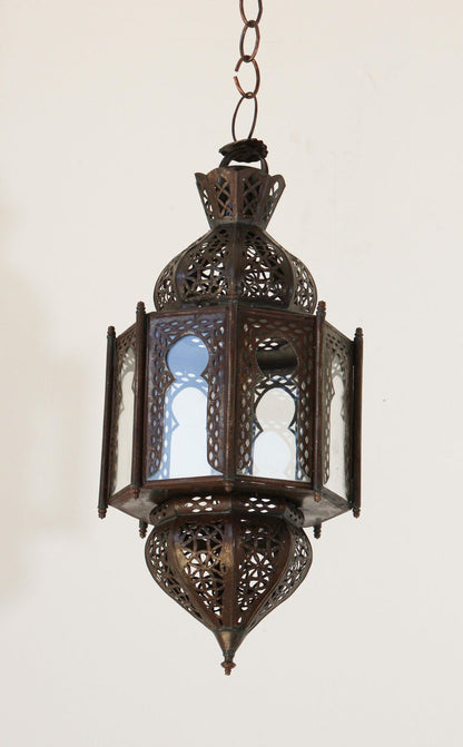 Moorish Handcrafted Octagonal Lantern, Metal & Glass, Morocco, 1970