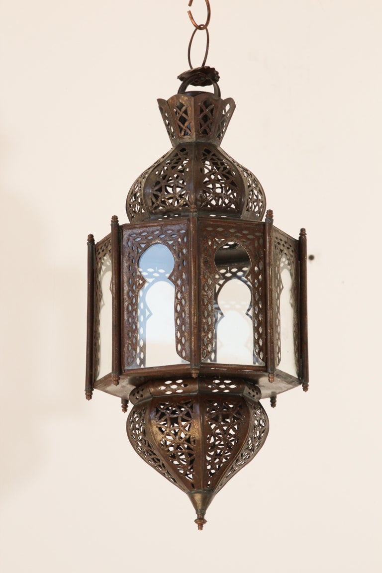 Moorish Handcrafted Octagonal Lantern, Metal & Glass, Morocco, 1970