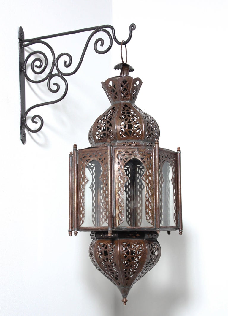 Moorish Handcrafted Octagonal Lantern, Metal & Glass, Morocco, 1970