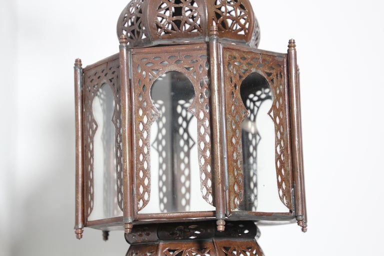Moorish Handcrafted Octagonal Lantern, Metal & Glass, Morocco, 1970