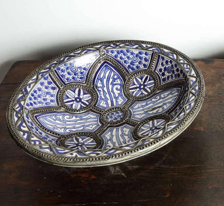 Decorative Moroccan Blue and White Handcrafted Ceramic Bowl from Fez