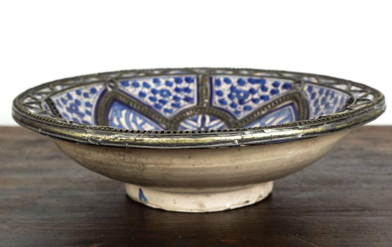Decorative Moroccan Blue and White Handcrafted Ceramic Bowl from Fez