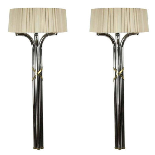 Pair of Monumental 1970s Chrome and Brass Wall Sconces, Jansen Style