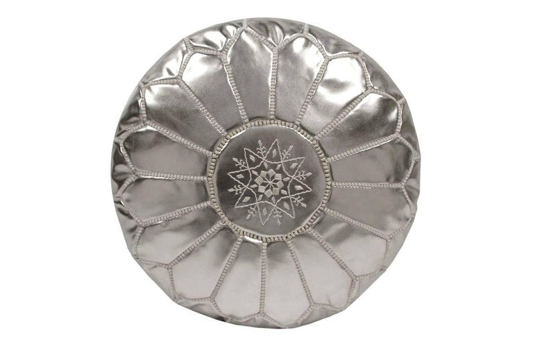 Moroccan Silver Faux Leather Pouf, Hand-Crafted Moorish Design