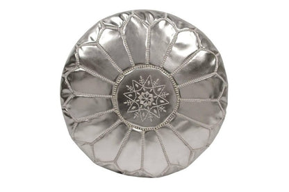 Moroccan Silver Faux Leather Pouf, Hand-Crafted Moorish Design