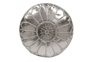 Moroccan Silver Hand Tooled Round Pouf Ottoman