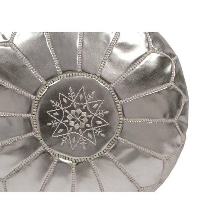 Moroccan Silver Faux Leather Pouf, Hand-Crafted Moorish Design
