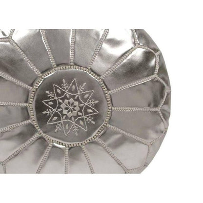 Moroccan Silver Faux Leather Pouf, Hand-Crafted Moorish Design