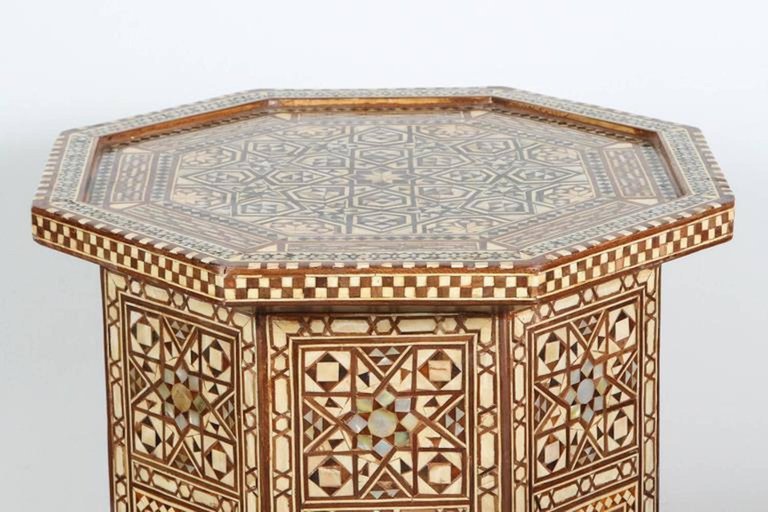 Pair of Moroccan Moorish Octagonal Pedestal Tables with Mother-of-Pearl