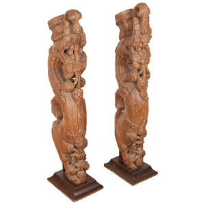 Pair of Antique Indian Carved Wood Architectural Temple Fragments on Stands