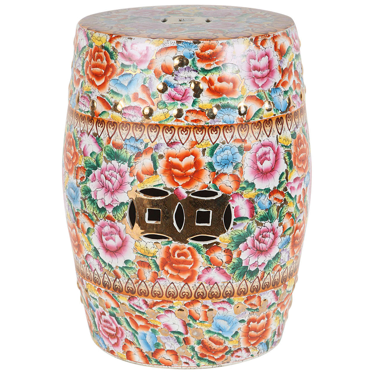 Japanese Pink Ceramic Garden Seat with Lucky Coins