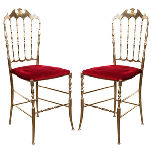 Polished Brass Chiavari Chairs with Red Velvet, Italy