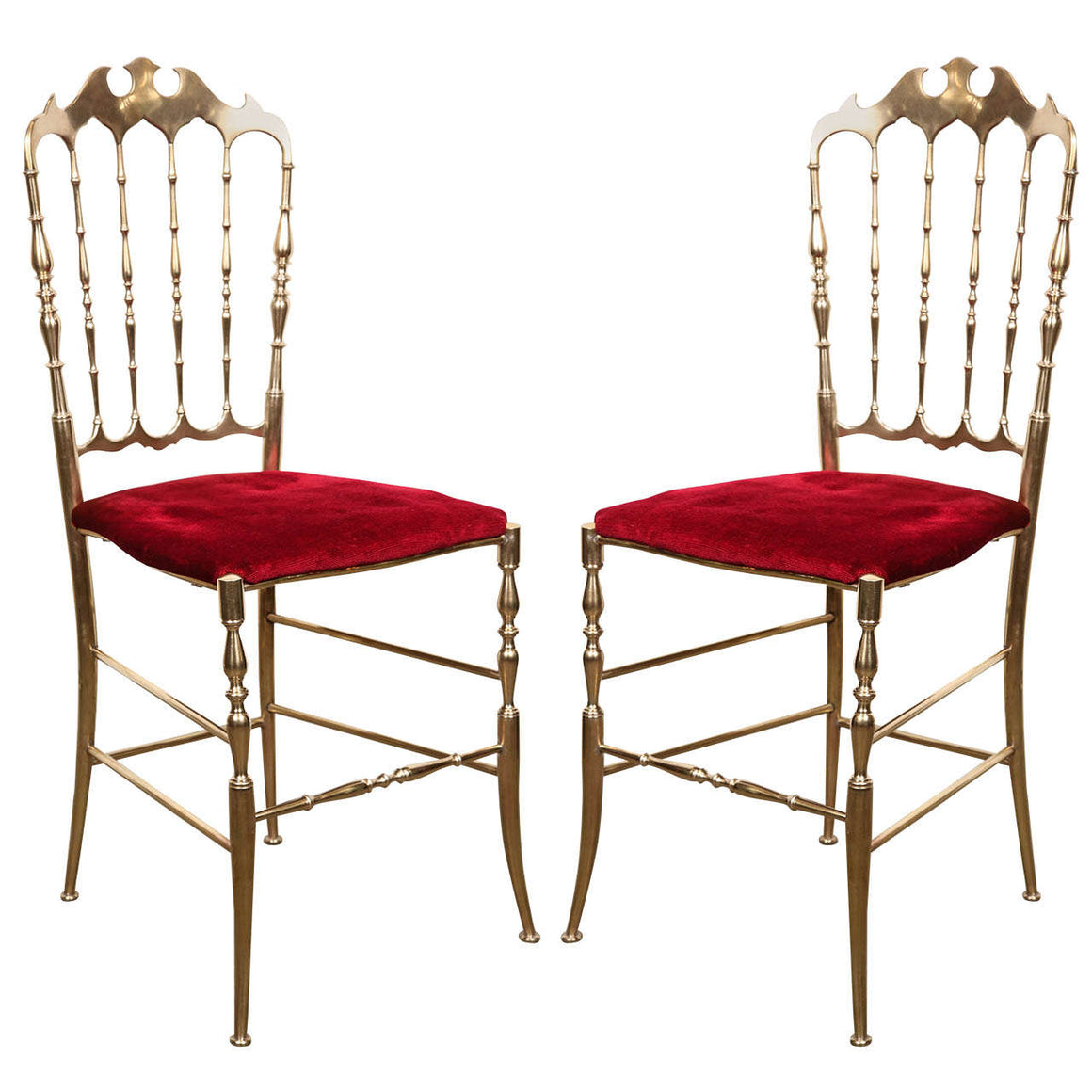 Polished Brass Chiavari Chairs with Red Velvet, Italy