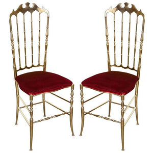 Chiavari Polished Brass Side Chairs with Red Velvet, Italy, 1960