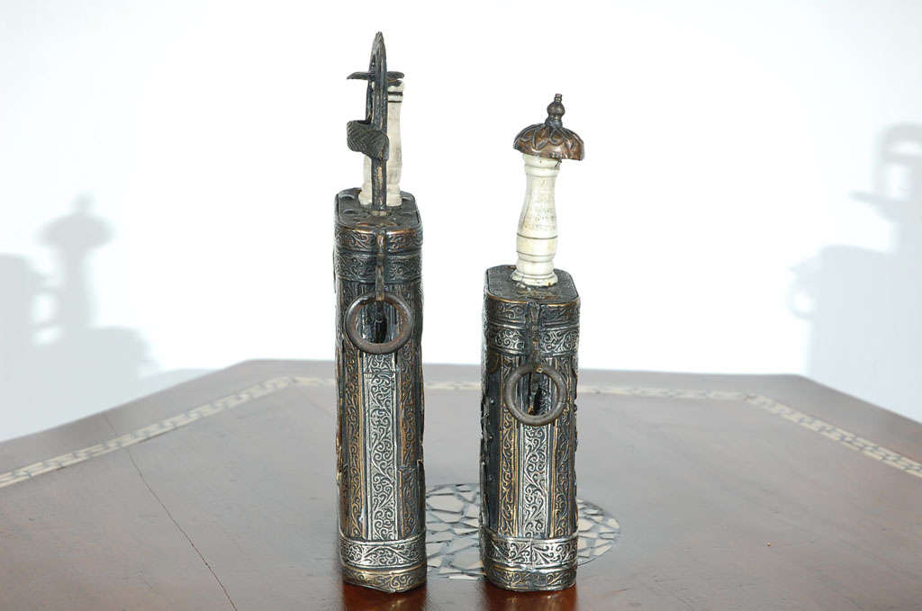 Set of Two Moroccan Antique Tribal Powder Case Flasks
