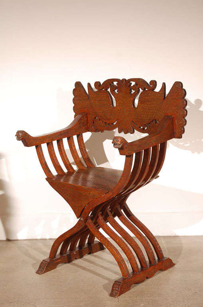 19th Century Anglo-Indian Brass Inlaid Savonarola Chair with Peacocks