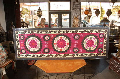 Vintage Uzbek Suzani Silk Embroidery in Lucite Frame, Floral Medallions