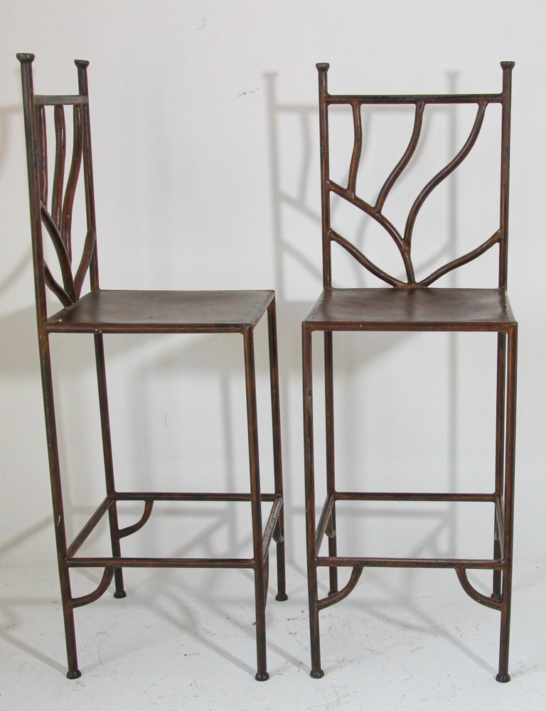 Vintage Wrought Iron Barstools with Back Set of Two Spanish