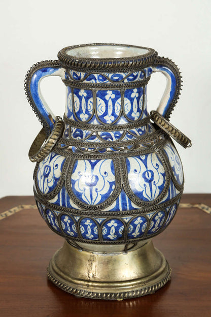 Antique Moroccan Footed Vase, Blue & White Ceramic, 20th Century