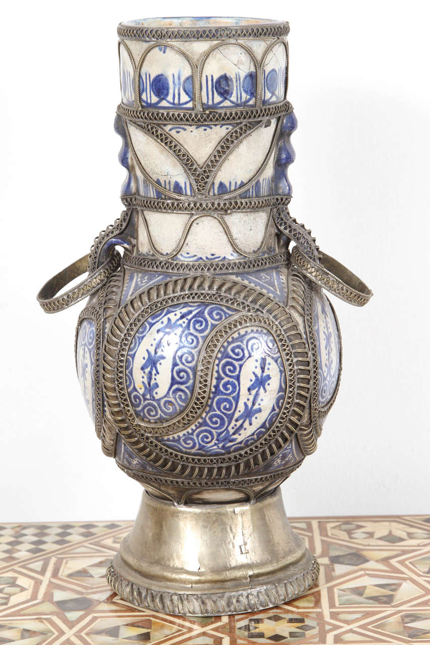 Moorish Moroccan Blue and White Ceramic Vase from Fez with Silver Filigree