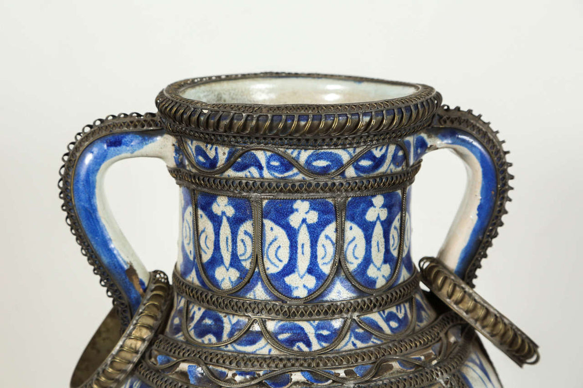 Antique Moroccan Footed Vase, Blue & White Ceramic, 20th Century
