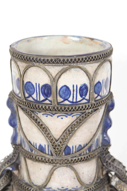 Moorish Moroccan Blue and White Ceramic Vase from Fez with Silver Filigree
