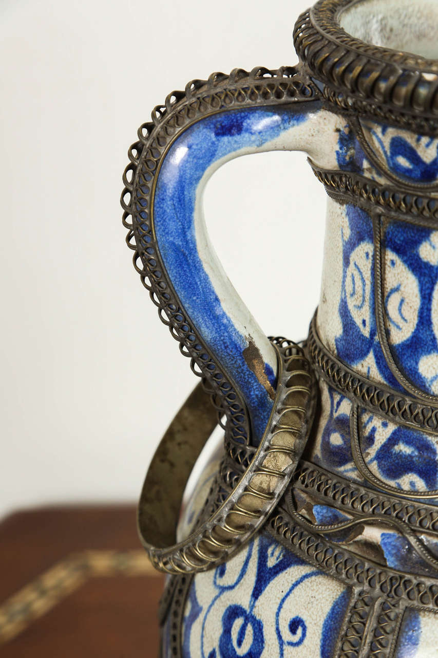 Antique Moroccan Footed Vase, Blue & White Ceramic, 20th Century