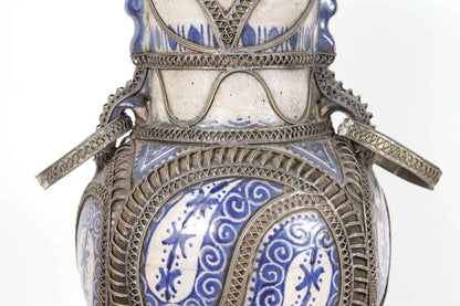 Moorish Moroccan Blue and White Ceramic Vase from Fez with Silver Filigree