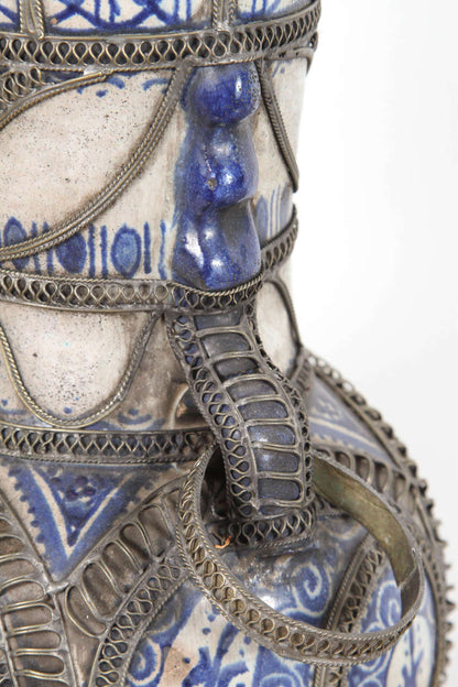 Moorish Moroccan Blue and White Ceramic Vase from Fez with Silver Filigree
