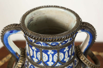 Antique Moroccan Footed Vase, Blue & White Ceramic, 20th Century