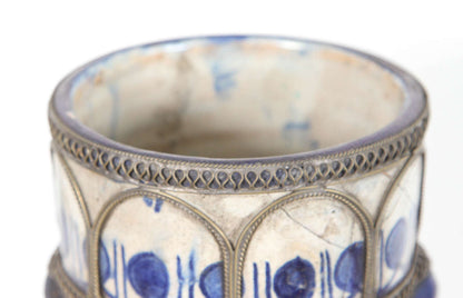 Moorish Moroccan Blue and White Ceramic Vase from Fez with Silver Filigree