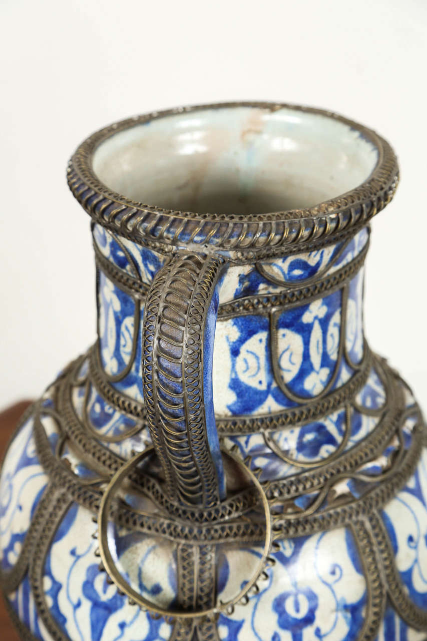 Antique Moroccan Footed Vase, Blue & White Ceramic, 20th Century