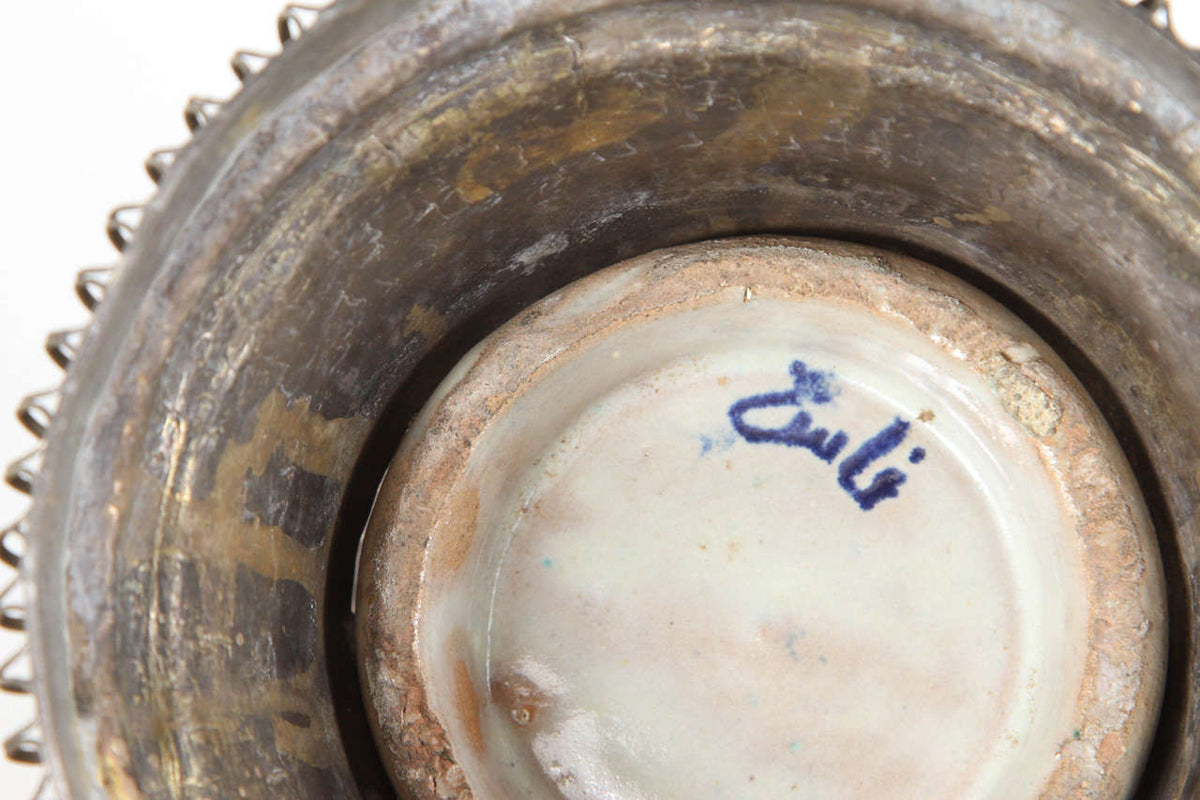 Moorish Moroccan Blue and White Ceramic Vase from Fez with Silver Filigree