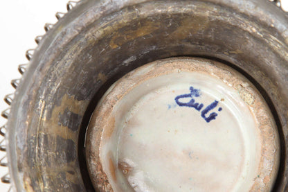 Moorish Moroccan Blue and White Ceramic Vase from Fez with Silver Filigree