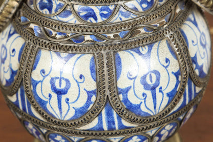 Antique Moroccan Footed Vase, Blue & White Ceramic, 20th Century