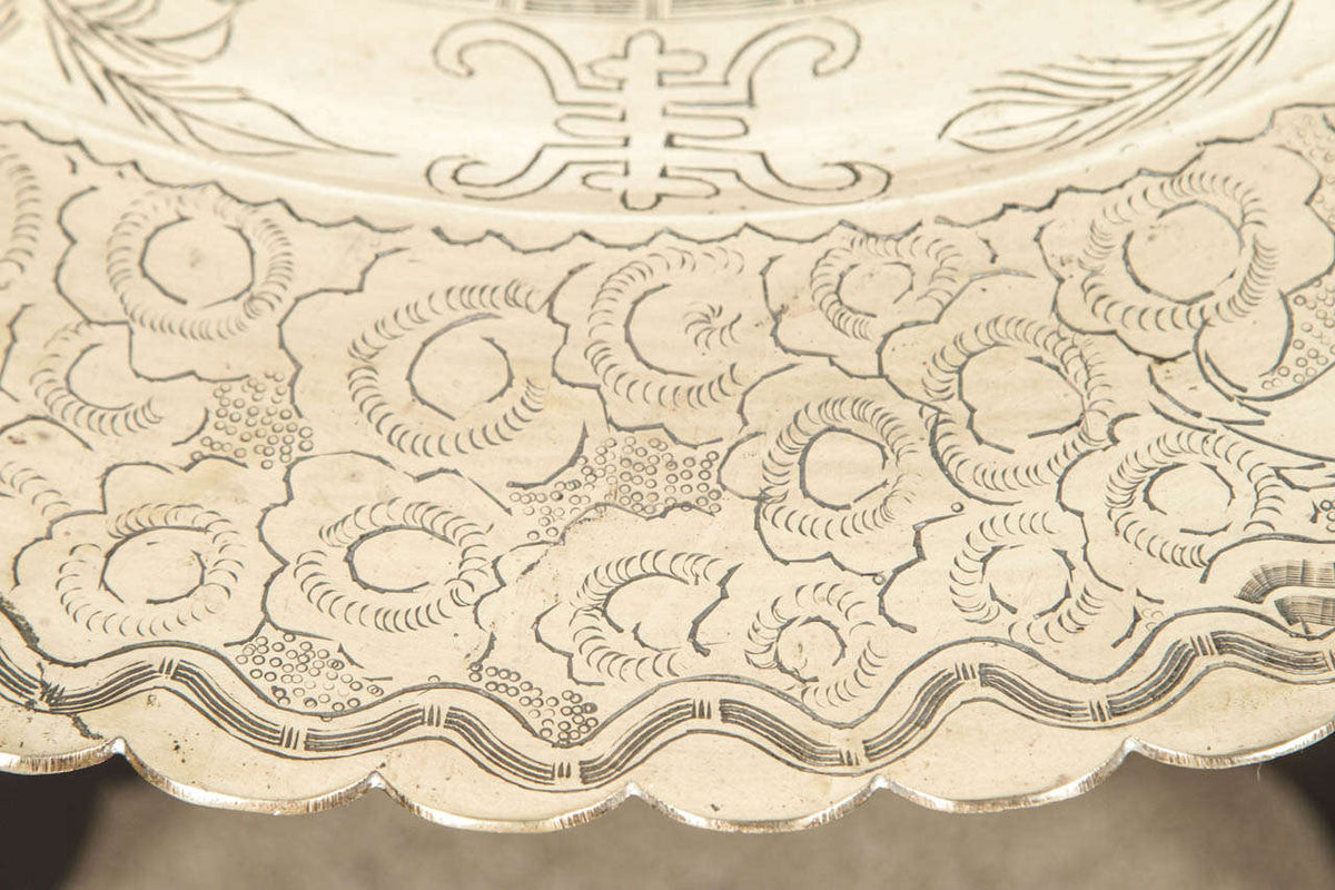 Hand-Carved Brass Tray Coffee Table on Folding Black Wood Base, 1950