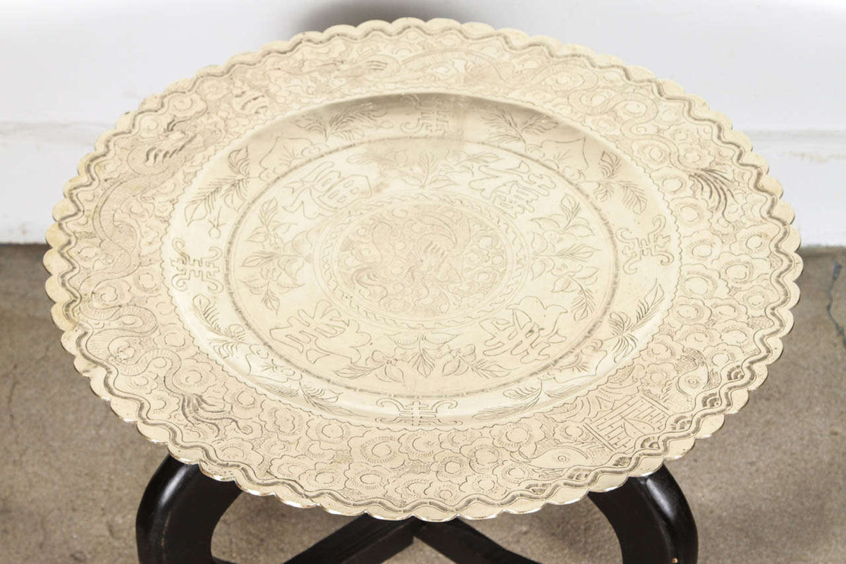 Hand-Carved Brass Tray Coffee Table on Folding Black Wood Base, 1950