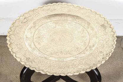 Hand-Carved Brass Tray Coffee Table on Folding Black Wood Base, 1950