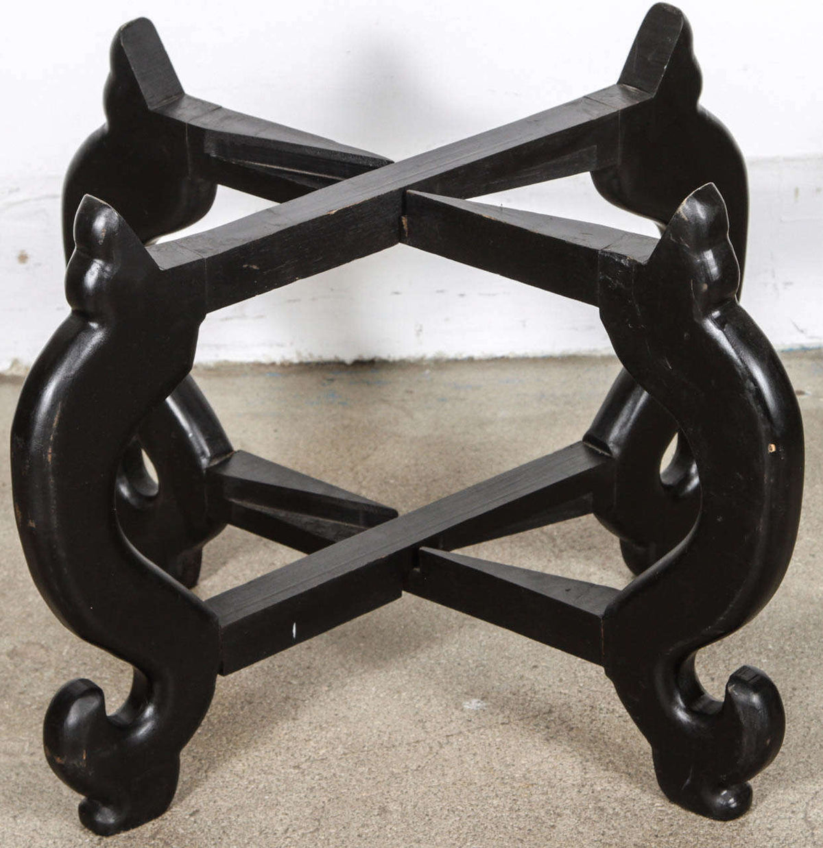 Hand-Carved Brass Tray Coffee Table on Folding Black Wood Base, 1950