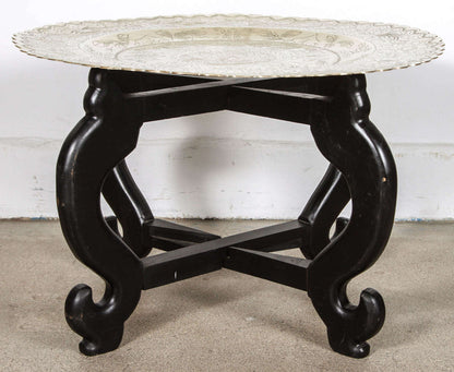Hand-Carved Brass Tray Coffee Table on Folding Black Wood Base, 1950