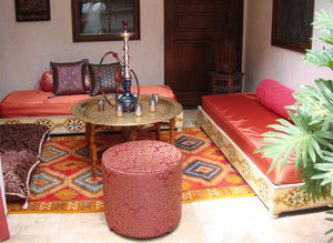 Moroccan Upholstered Red and Gold Fabric Pouf