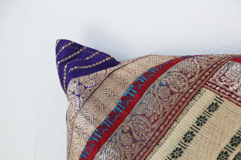 Decorative Throw Silk Pillow Made from Vintage Sari Borders, India