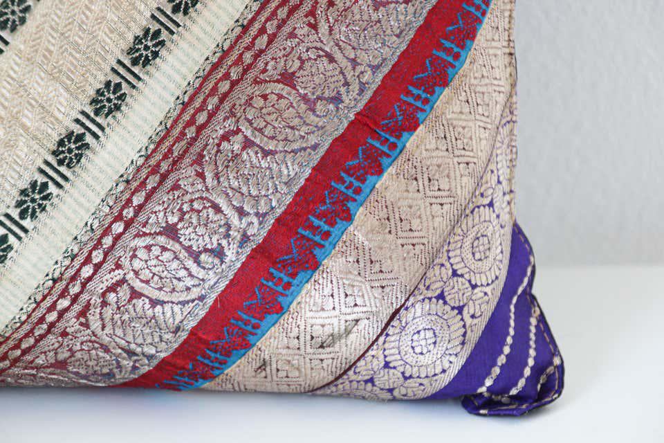 Decorative Throw Silk Pillow Made from Vintage Sari Borders, India