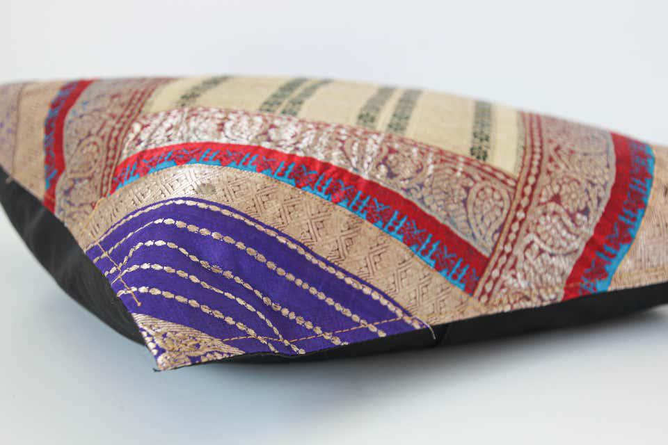 Decorative Throw Silk Pillow Made from Vintage Sari Borders, India