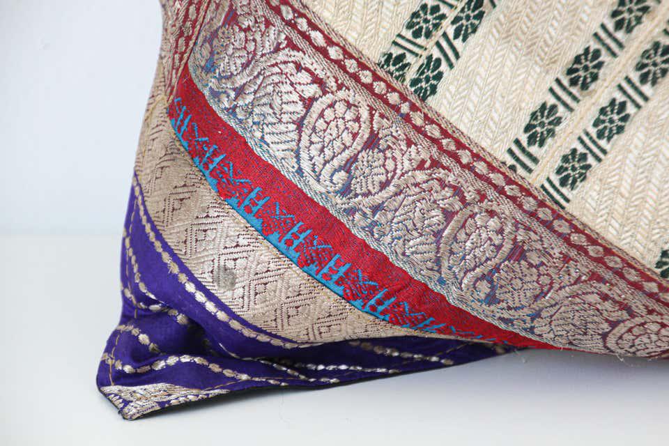 Decorative Throw Silk Pillow Made from Vintage Sari Borders, India