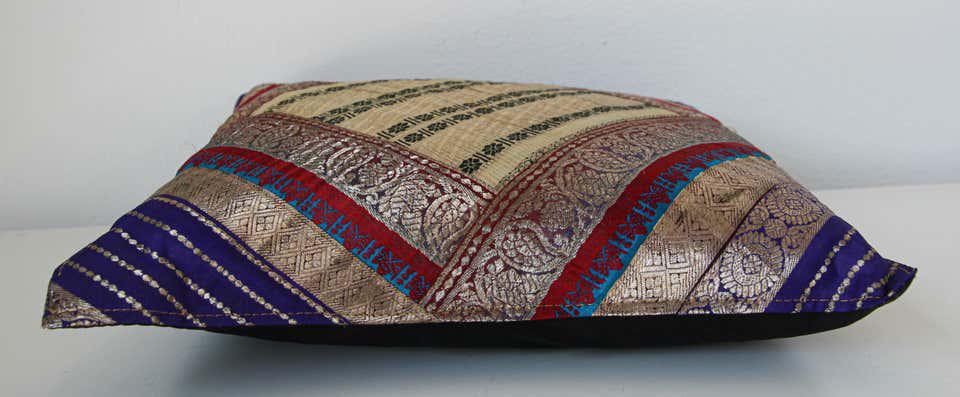Decorative Throw Silk Pillow Made from Vintage Sari Borders, India